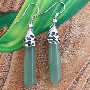 Green Aventurine Natural Stone Gemstone Hexagon Point Healing Dangle Earrings